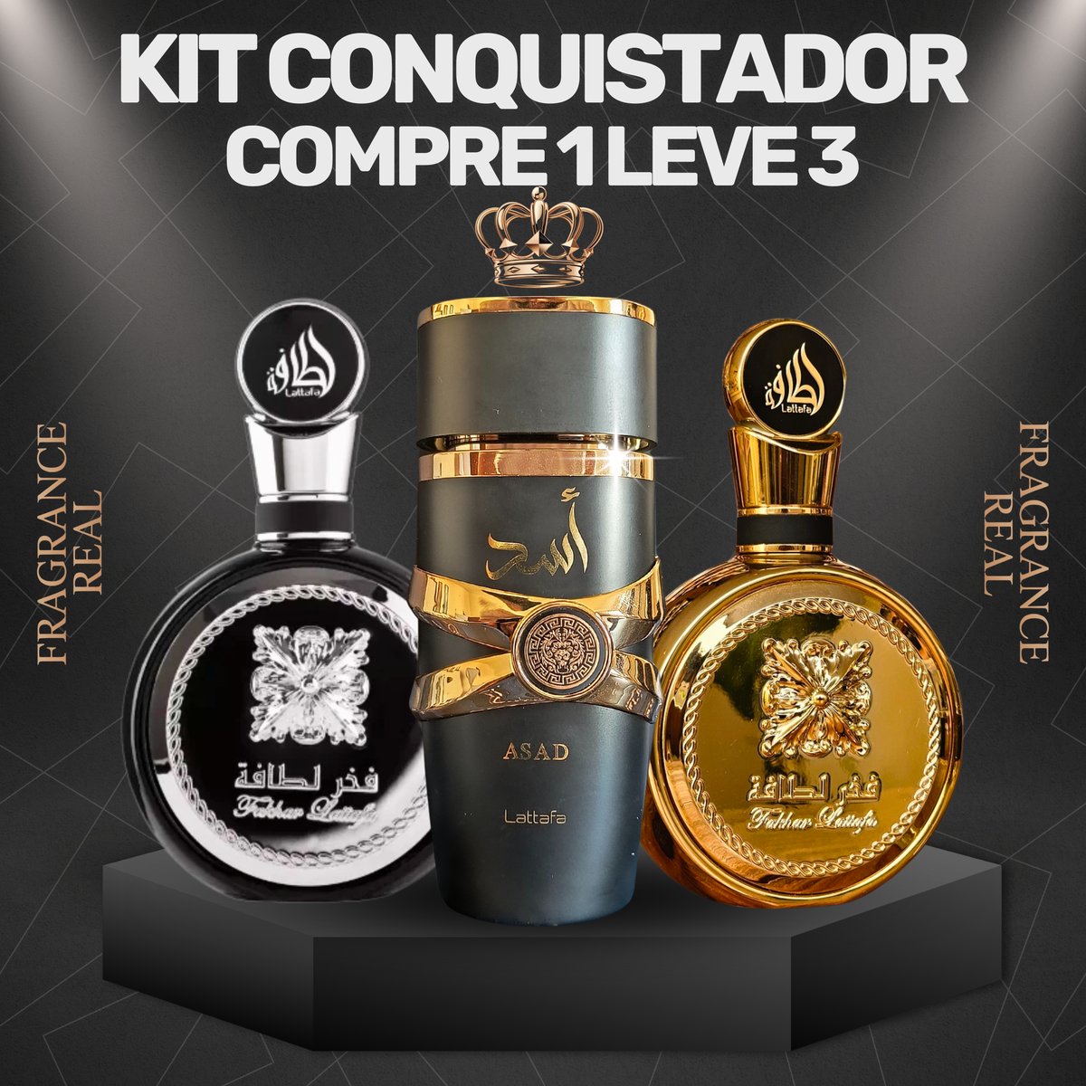 PRÉ BLACK FRIDAY | KIT CONQUISTADOR - Fakhar Gold + Asad + Fakhar Black | 100ml cada + BRINDE 🎁